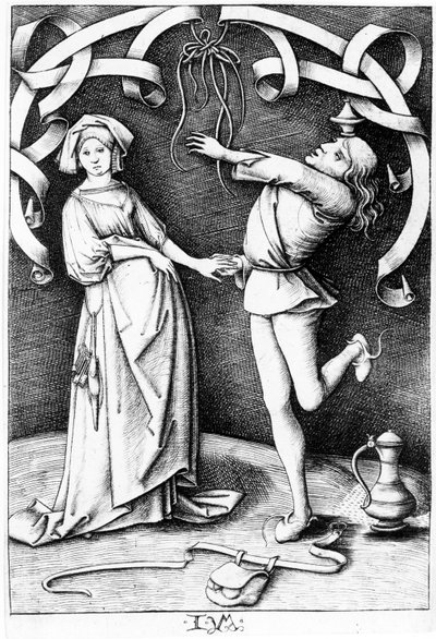 De goochelaar en de vrouw, c.1495-1503 door Israhel van Meckenem the younger